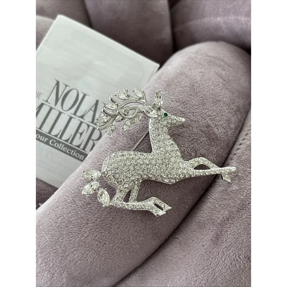 Vintage Nolan Miller Glamour Collection Crystal Pave Reindeer Pin Brooch Silver